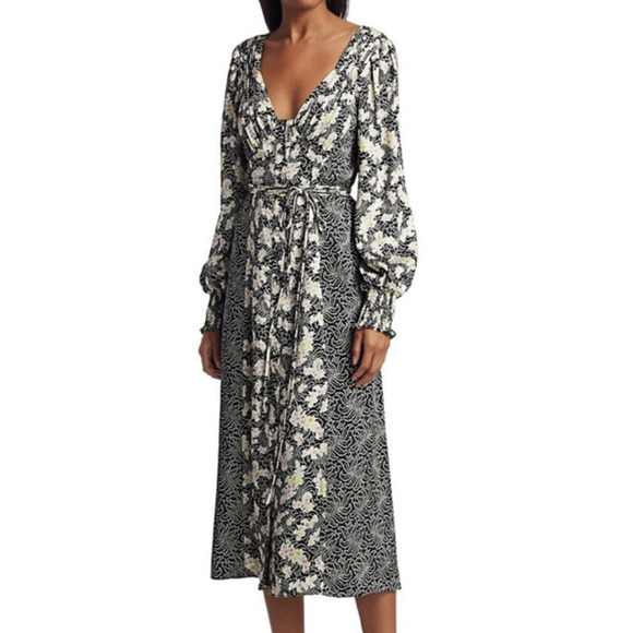 Cinq a Sept Black Mixed Floral Jessica Midi Dress sz 2 $425 - Picture 2 of 14